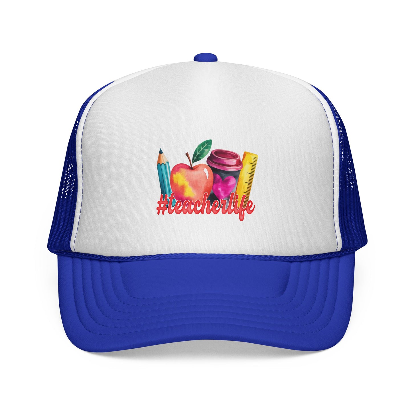 Teacher Life Trucker Cap | Watercolor Apple, Pencil & Ruler Hat.