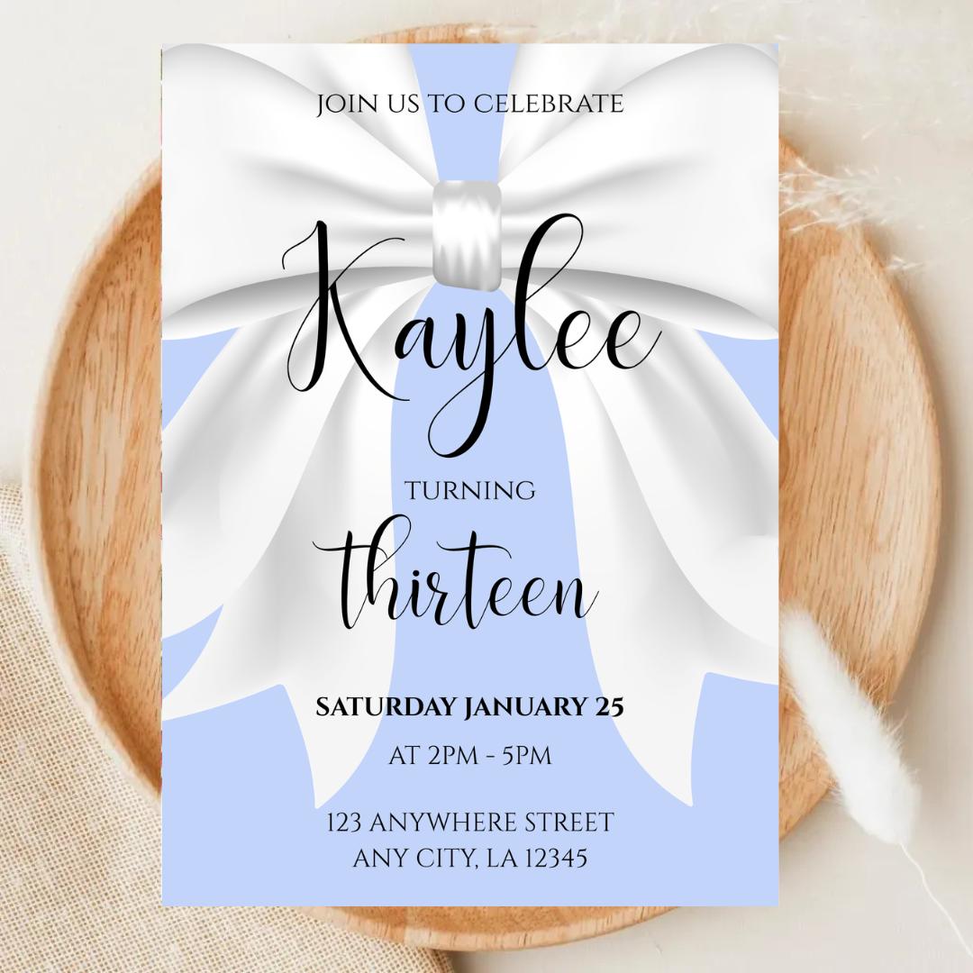 White Coquette Bow Birthday Invitation | Minimalist Chic Editable Canva Template | Digital Download