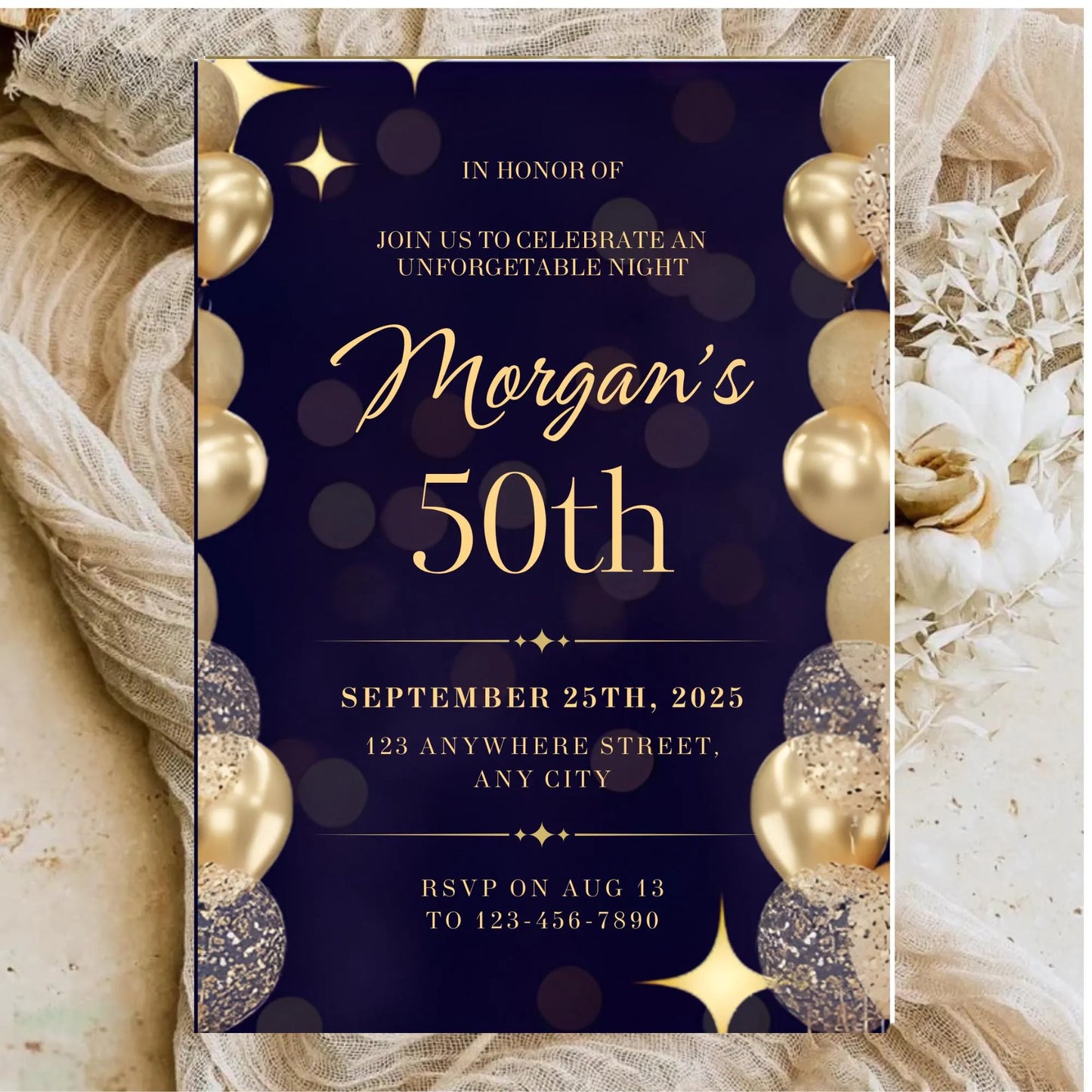 50th Birthday Invitation, Gold Balloons, Editable Party Invite, Canva Template, Digital Download.