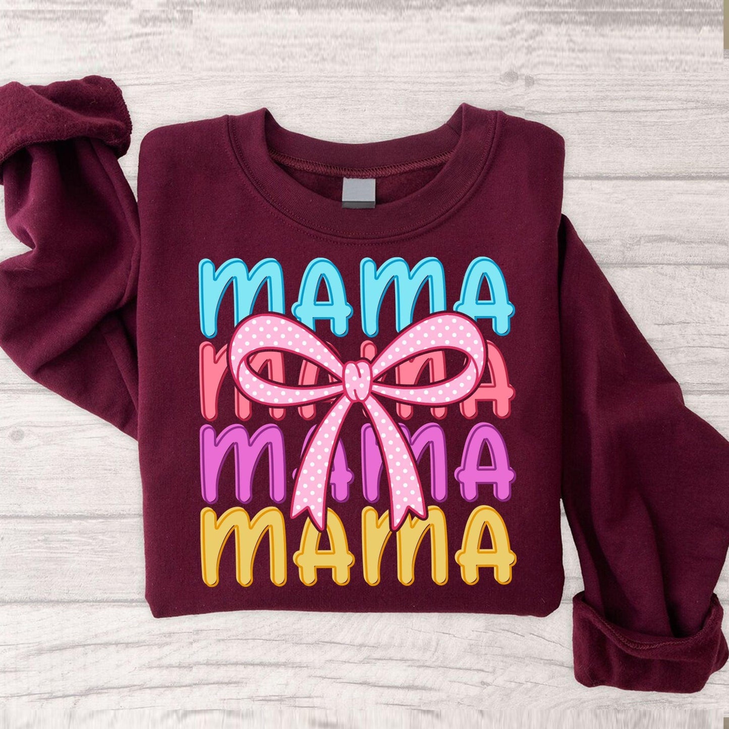 Mama SVG PNG | Colorful Coquette Polka Dot Bow Mom Shirt Design.