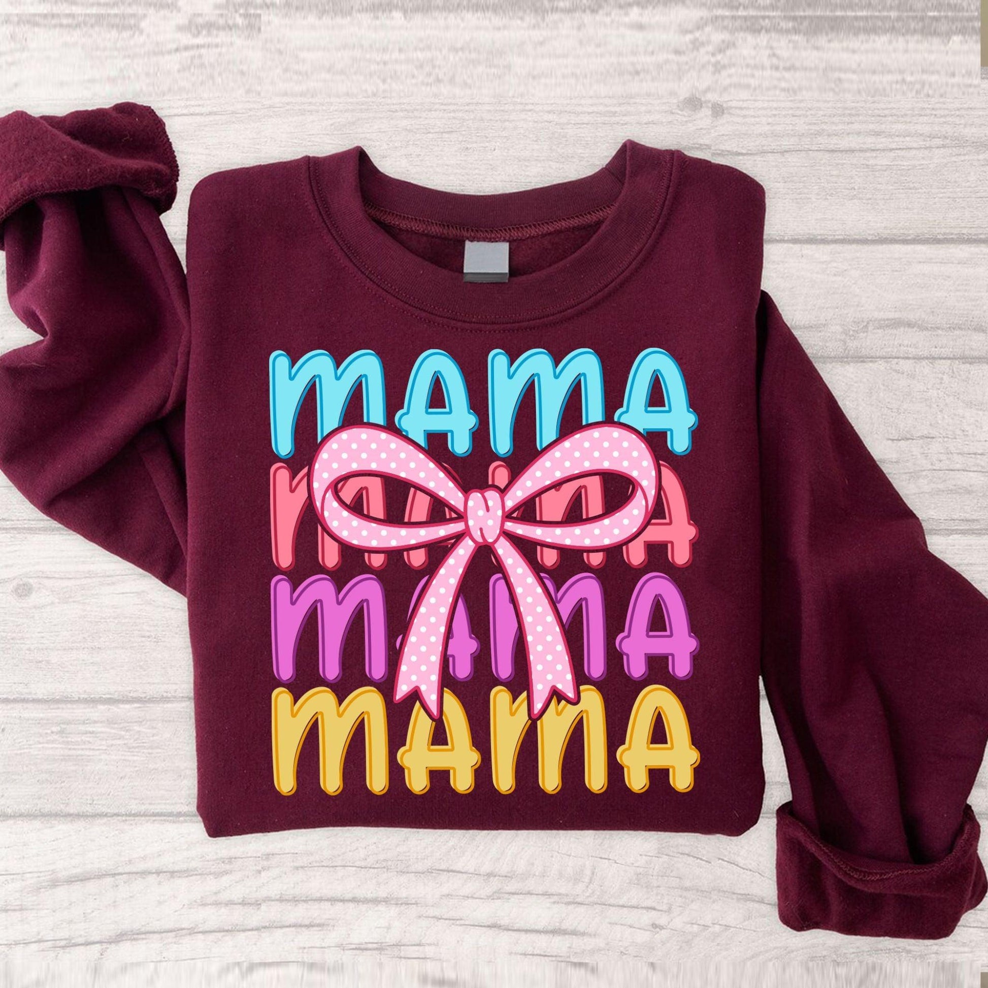 Mama SVG PNG | Colorful Coquette Polka Dot Bow Mom Shirt Design.