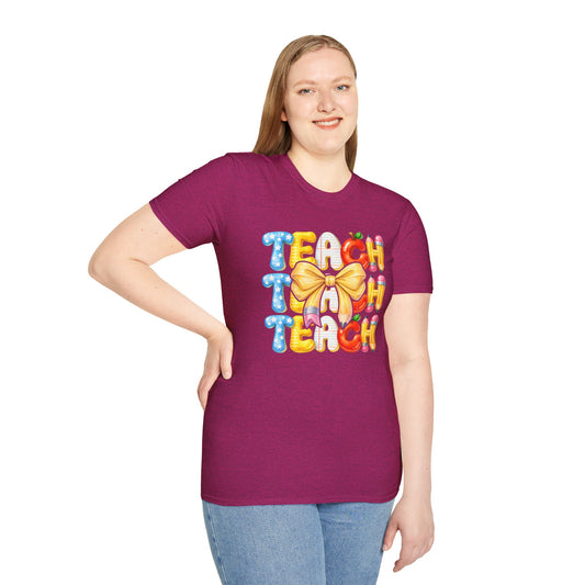 Teacher Balloon Graphic T-Shirt | Colorful TEACH Design with Bow.
