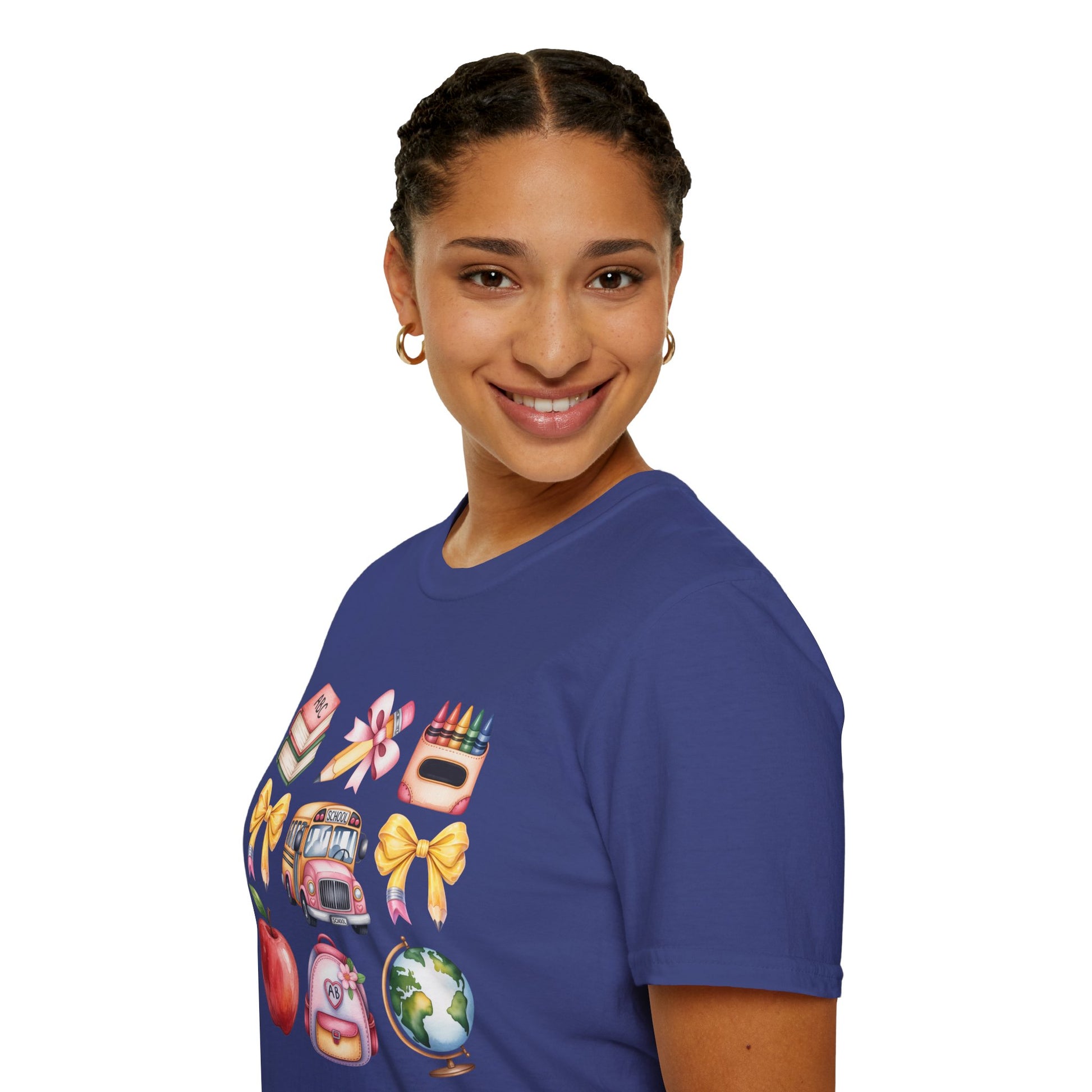 Back to School Icons T-Shirt | Cute School Bus Apple Backpack Graphic Tee.