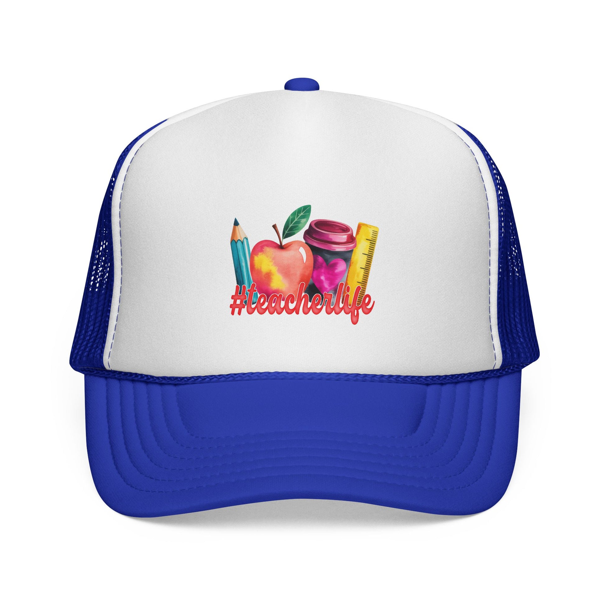 Teacher Life Trucker Cap | Watercolor Apple, Pencil & Ruler Hat.