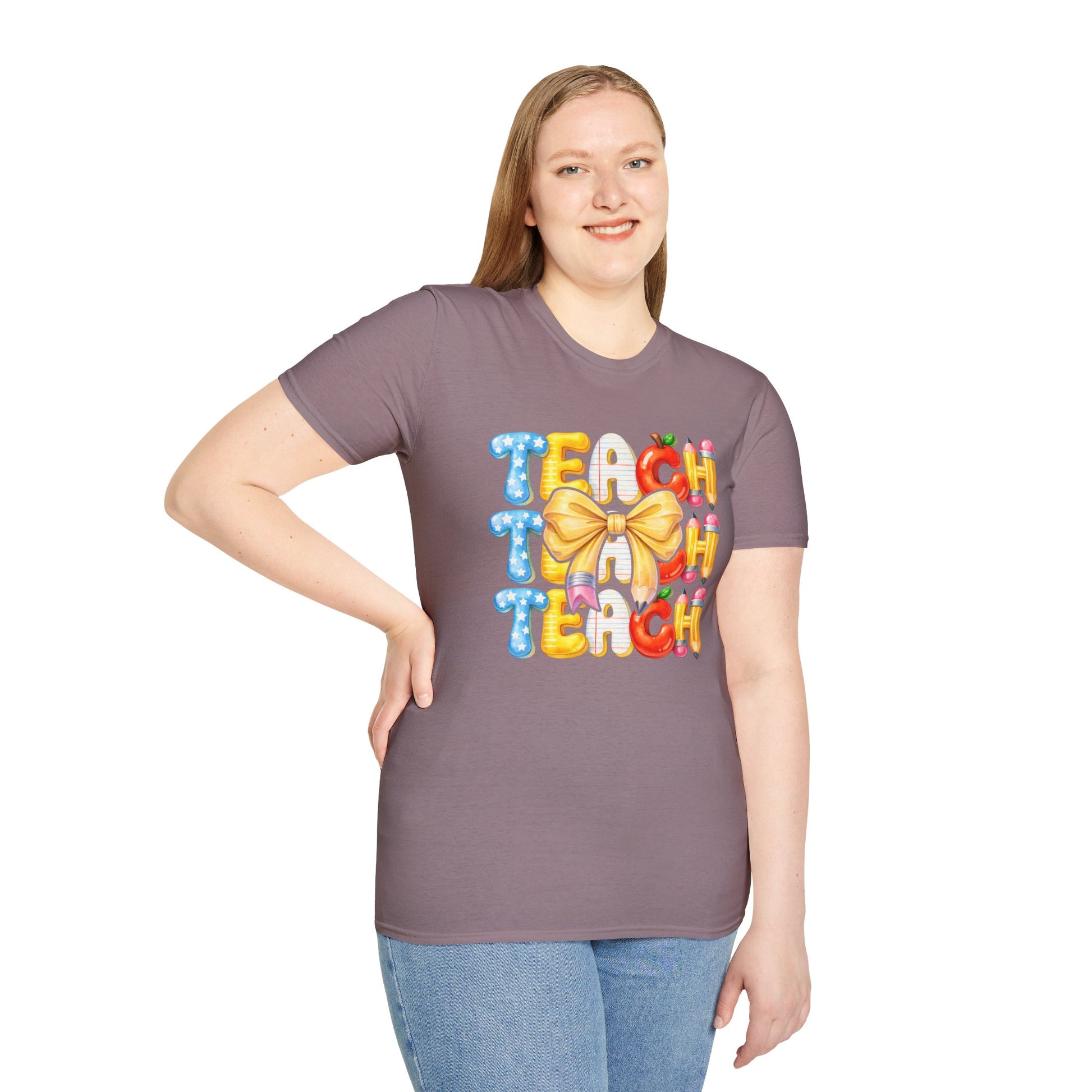 Teacher Balloon Graphic T-Shirt | Colorful TEACH Design with Bow.