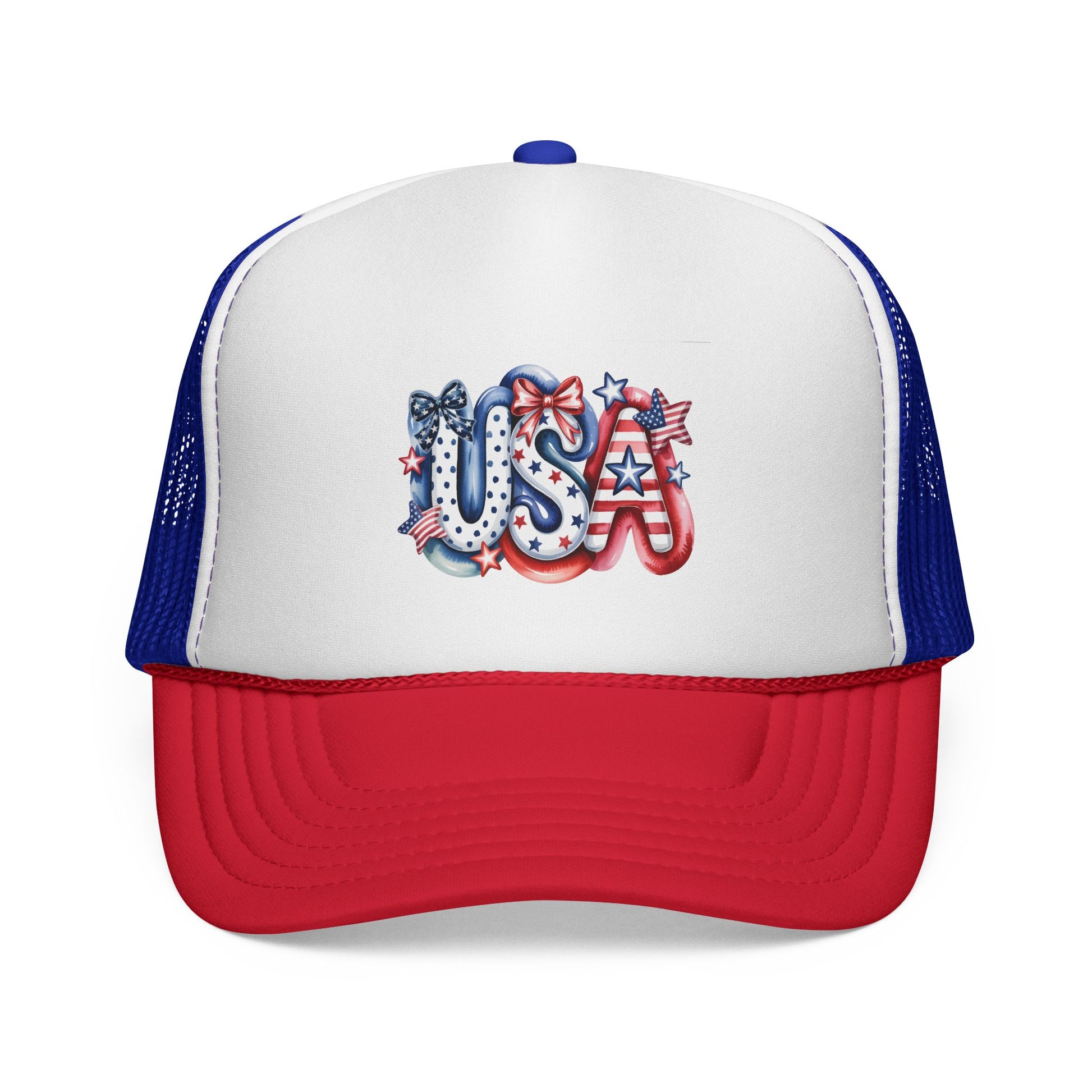 USA Patriotic Trucker Cap – Red White Blue Flag Design.