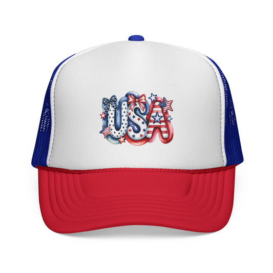 USA Patriotic Trucker Cap – Red White Blue Flag Design.