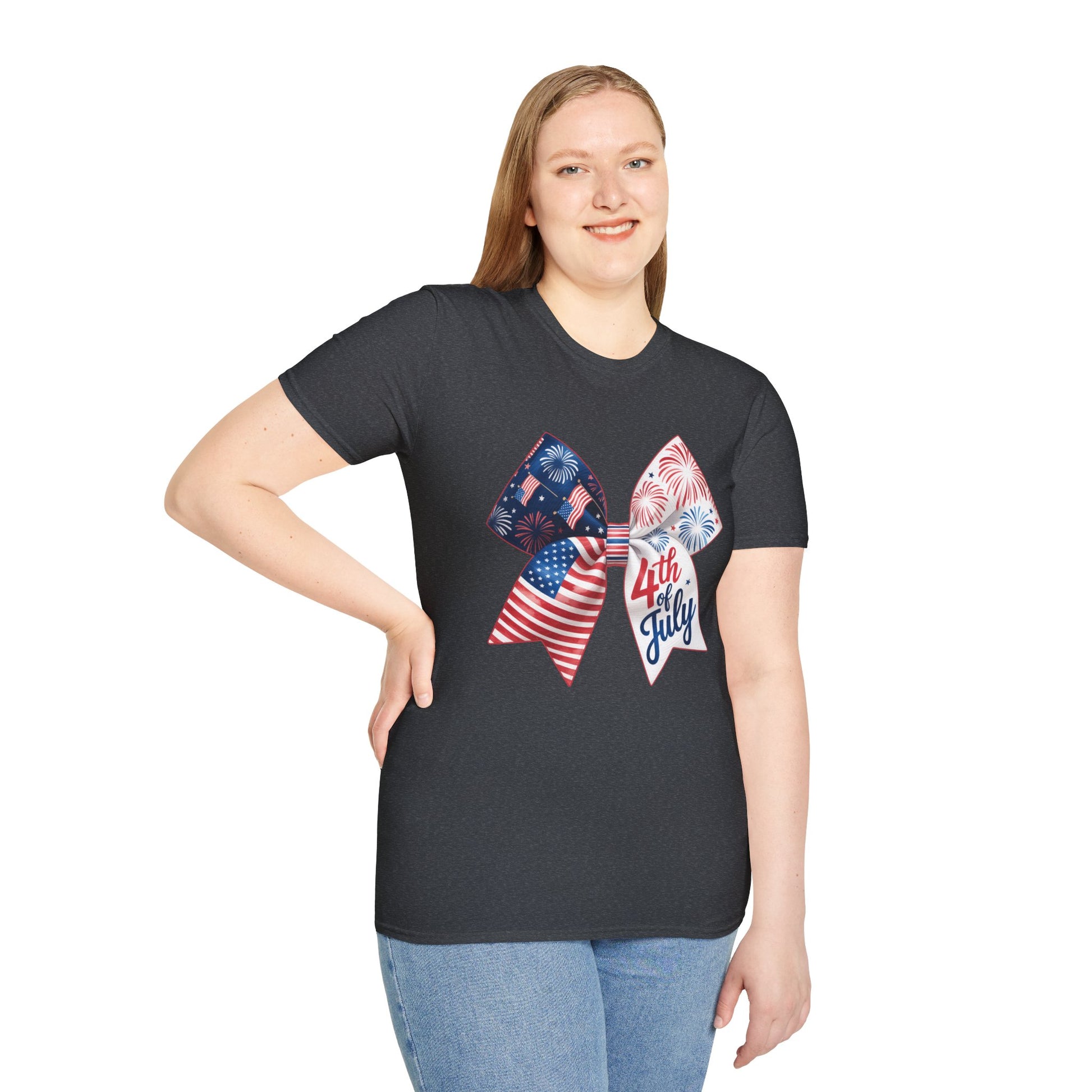 4th of July Memorial Day Bow T-Shirt | American Flag Fireworks Tee.