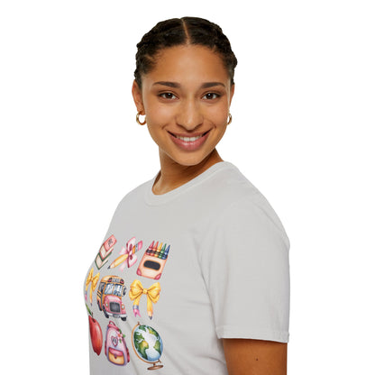 Back to School Icons T-Shirt | Cute School Bus Apple Backpack Graphic Tee.