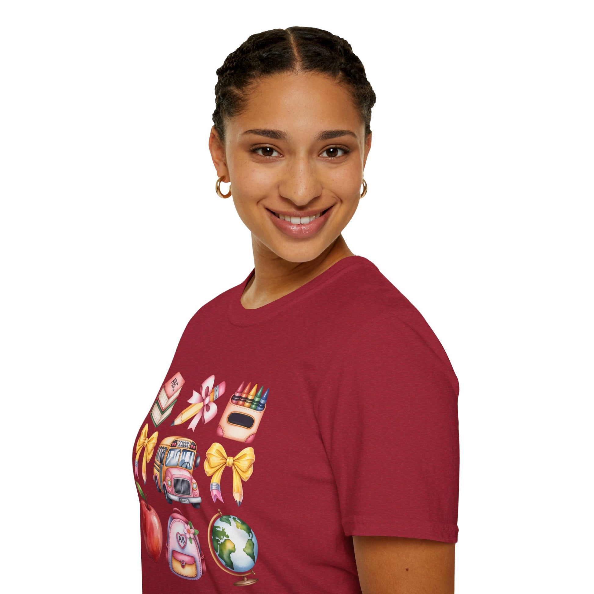 Back to School Icons T-Shirt | Cute School Bus Apple Backpack Graphic Tee.