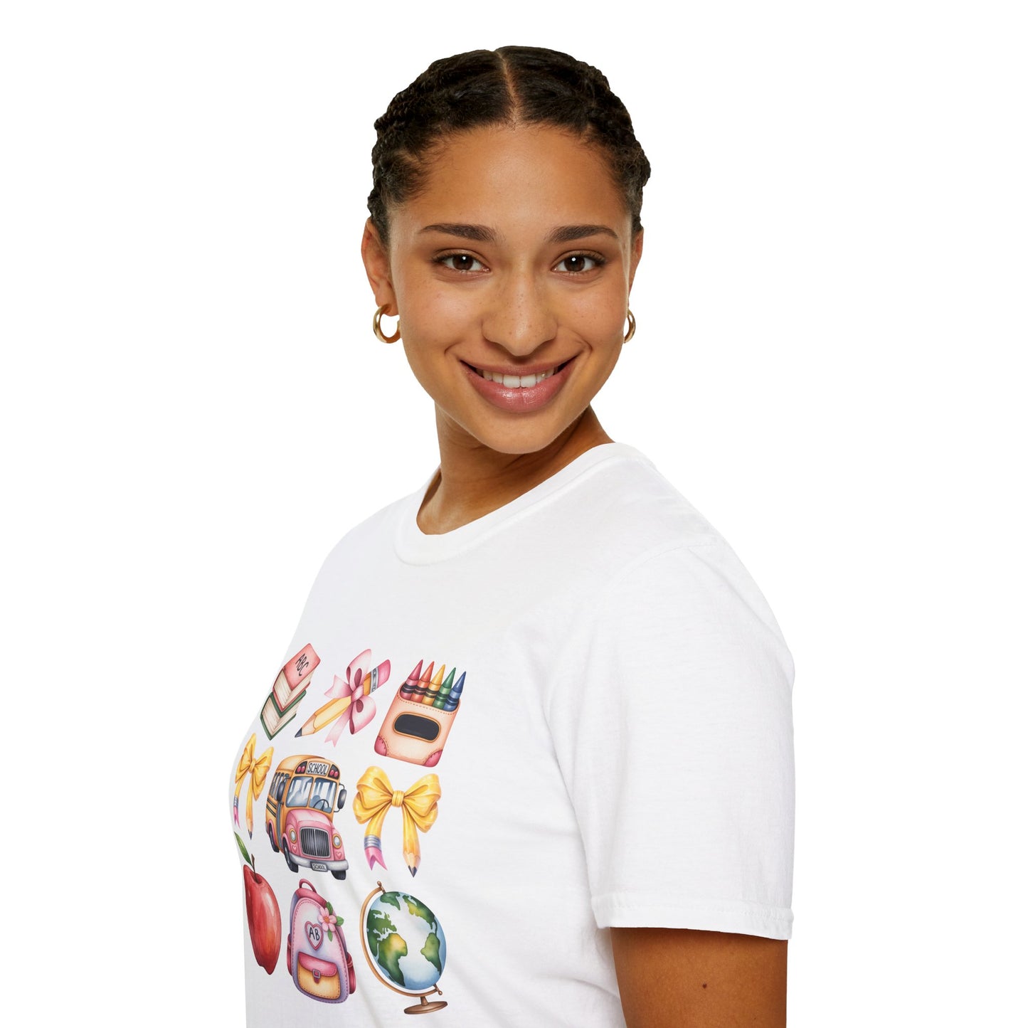 Back to School Icons T-Shirt | Cute School Bus Apple Backpack Graphic Tee.