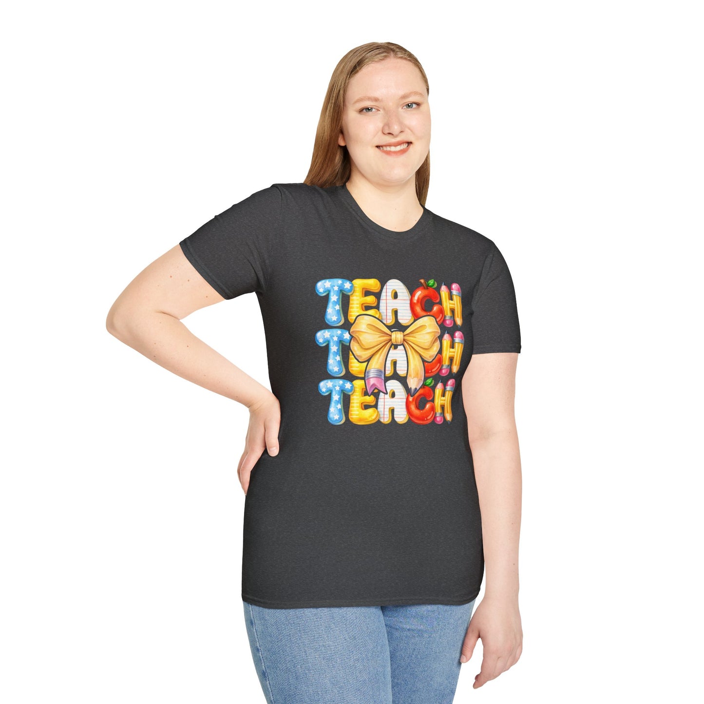 Teacher Balloon Graphic T-Shirt | Colorful TEACH Design with Bow.