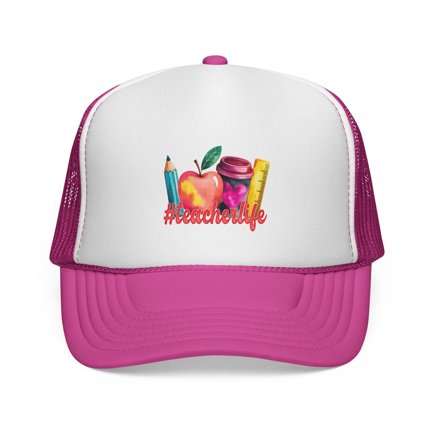 Teacher Life Trucker Cap | Watercolor Apple, Pencil & Ruler Hat.