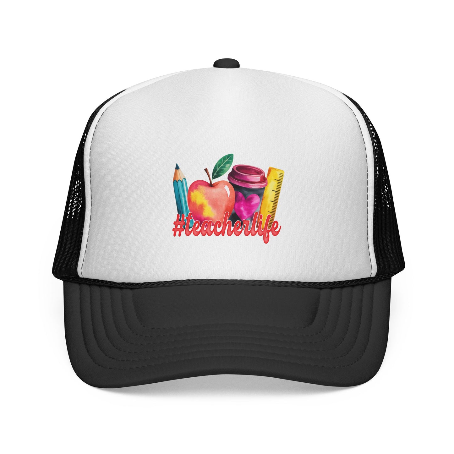 Teacher Life Trucker Cap | Watercolor Apple, Pencil & Ruler Hat.