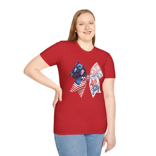 4th of July Memorial Day Bow T-Shirt | American Flag Fireworks Tee.