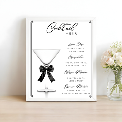 Editable Martini Cocktail Menu Sign, Coquette Wedding Bar Sign (Digital Download)