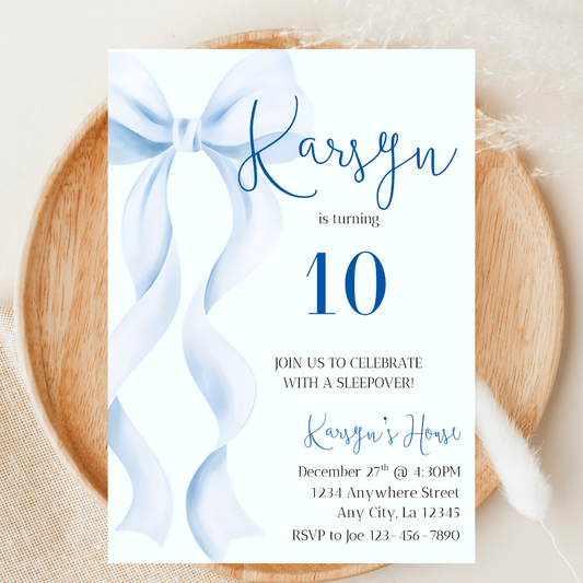 Blue Coquette Bow Birthday Invitation | Editable Canva Kids Party Invite | Digital Download