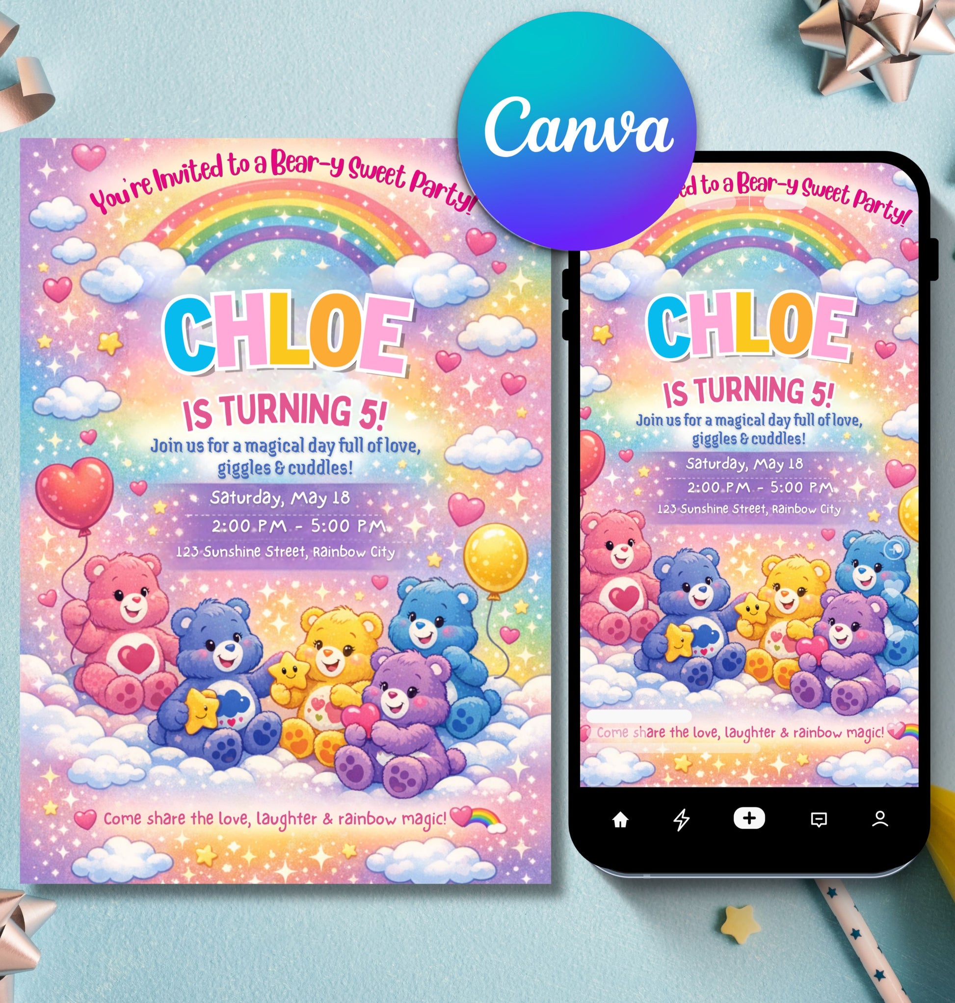 Care Bears Birthday Invitation | Editable Canva Template | Digital Download.