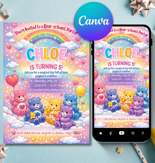 Care Bears Birthday Invitation | Editable Canva Template | Digital Download.