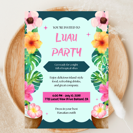 Luau Party Invitation Template | Tropical Hawaiian Party Invite | Editable Canva Template | Digital Download