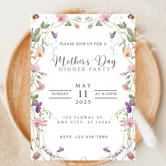 Editable Mother's Day Floral Dinner Invite Template | Spring Wildflower Canva Invitation | Digital Download