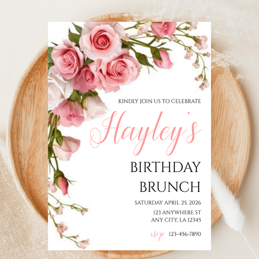 Blush Pink Birthday Invitation - Floral Brunch Garden Party Canva Template - Digital Download