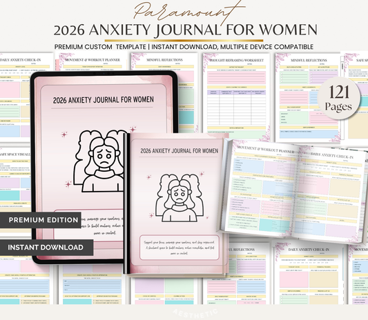 Digital Download 2026 Anxiety Journal for Women | Mental Health & Self Care Planner
