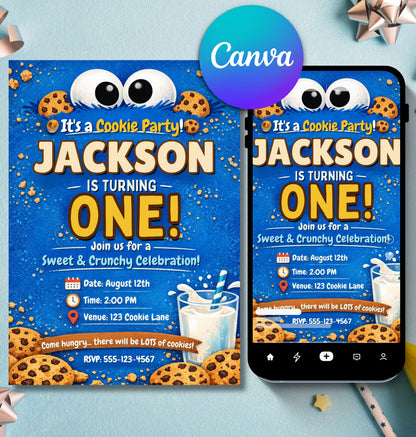 Cookie Monster Birthday Invitation | Blue Monster Party Invite | Editable Canva Template.