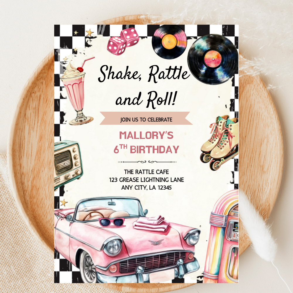 Retro Birthday Invitation Template | Rock and Roll Party Invite | Editable Canva Template | Thank You Card Included | Digital Download