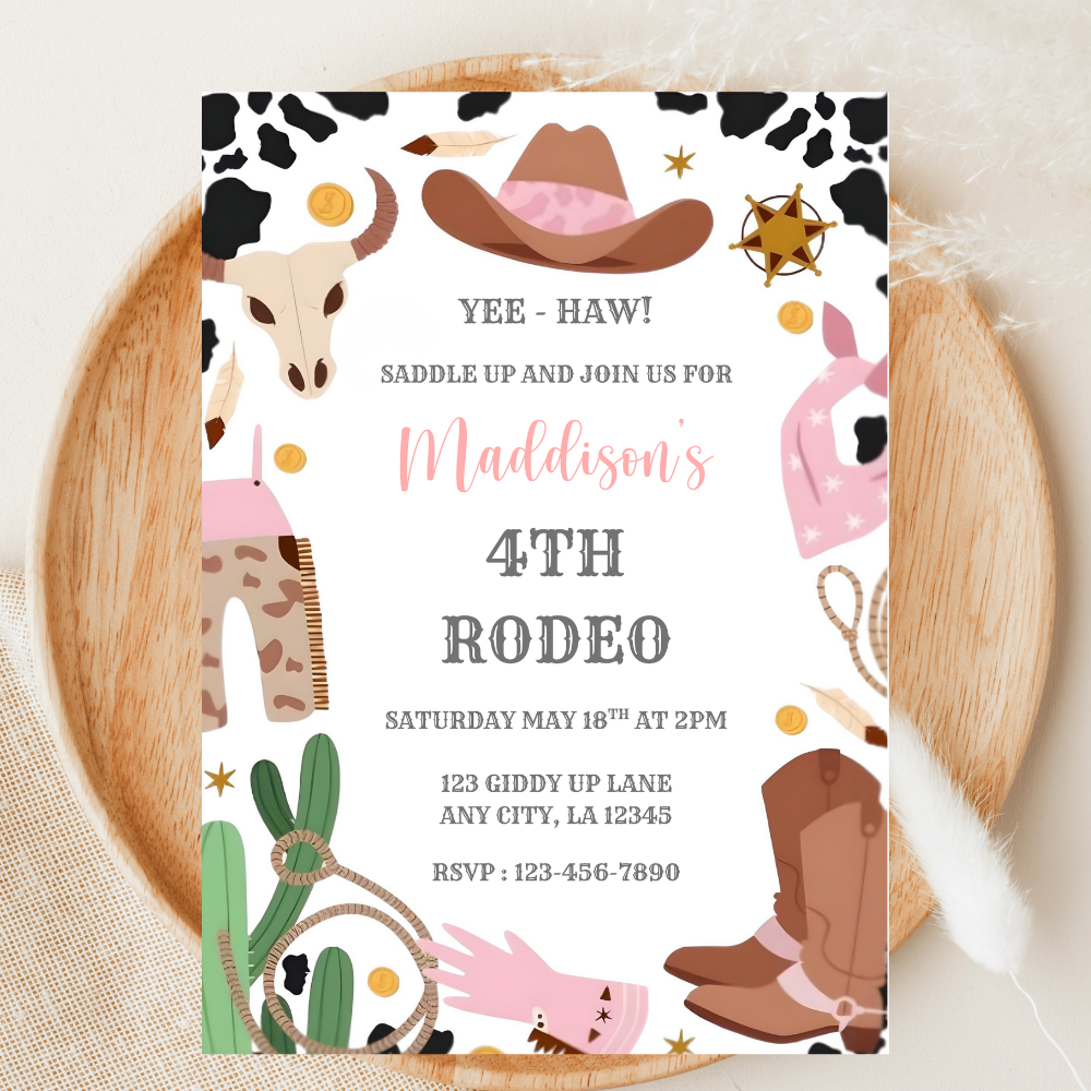 Rodeo Birthday Invitation | Pink Cowgirl Western Party Invite | Editable Canva Template | Digital Download