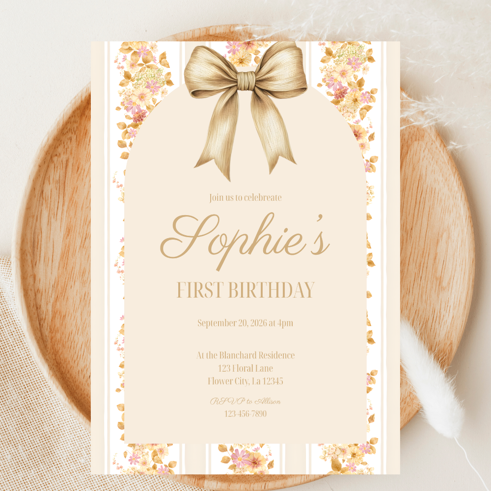 Gold Bow Birthday Invitation | Elegant Party Invite | Editable Canva Template | Digital Download