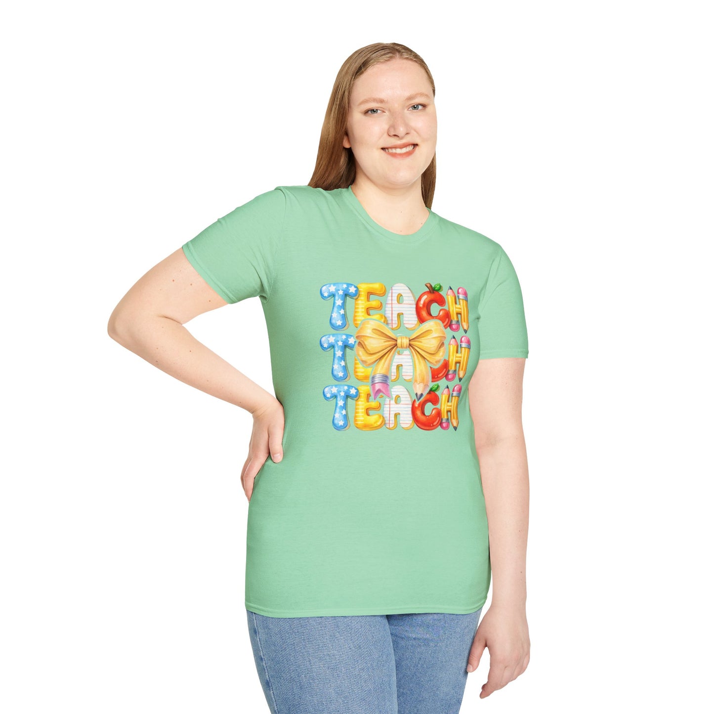 Teacher Balloon Graphic T-Shirt | Colorful TEACH Design with Bow.