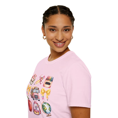 Back to School Icons T-Shirt | Cute School Bus Apple Backpack Graphic Tee.