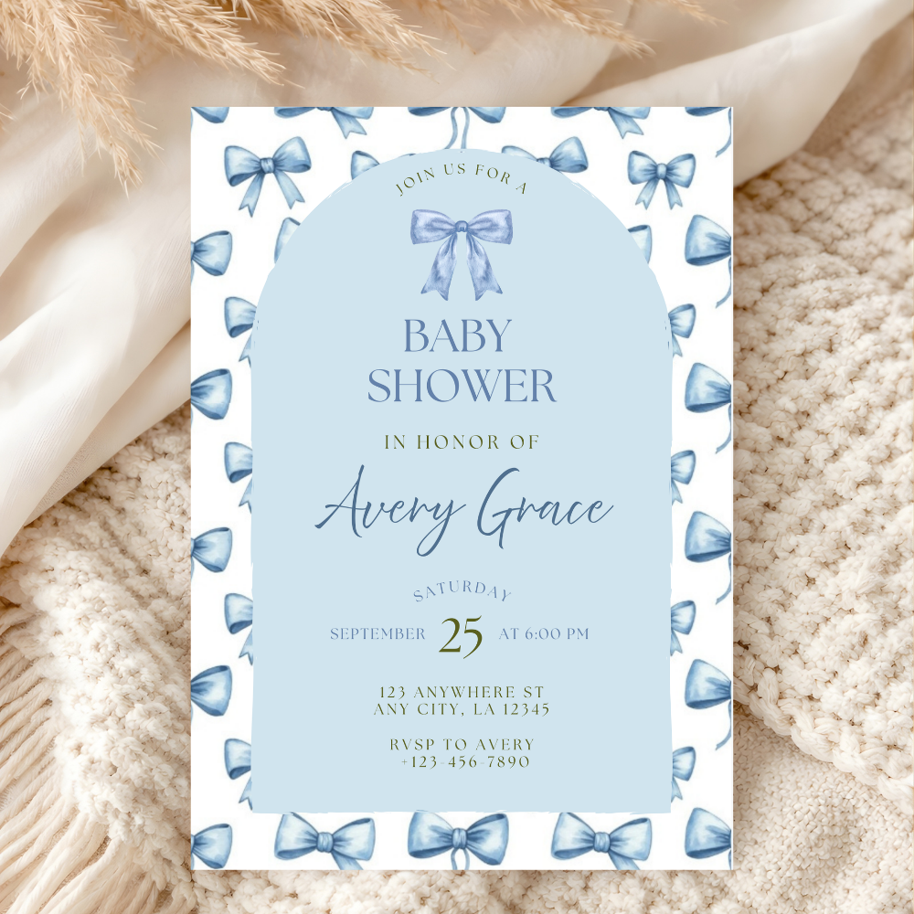 Blue Coquette Bow Shower Invitation | Editable Printable Template.