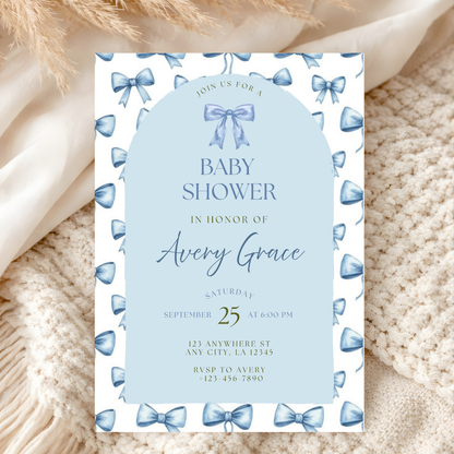 Blue Coquette Bow Shower Invitation | Editable Printable Template.