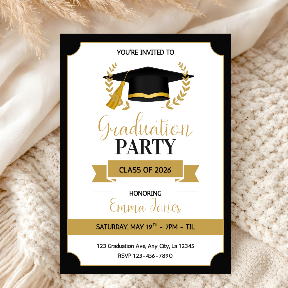 Class of 2026 Graduation Invitation | Black & Gold Grad Party | Editable Canva Template | Digital Download