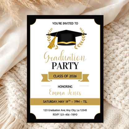 Class of 2026 Graduation Invitation | Black & Gold Grad Party | Editable Canva Template | Digital Download