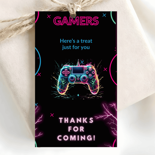 Gamer birthday party setup featuring colorful gamer favor tags for festive celebration