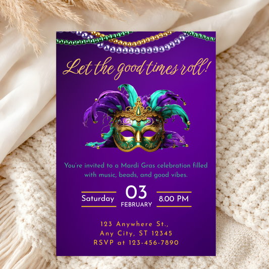 Mardi Gras Invitation | Purple Green Gold Carnival Party Invite | Editable Canva Template | Digital Download