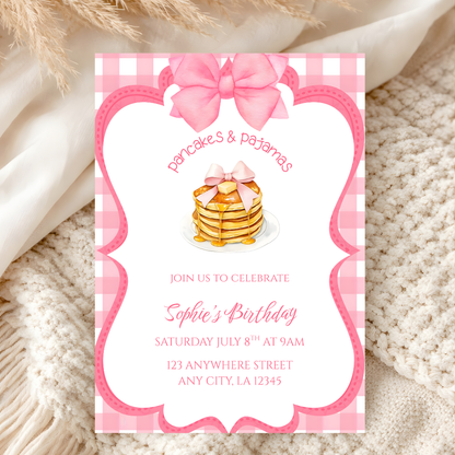 Pancakes and Pajamas Birthday Invitation | Pink Coquette Bow Invite | Editable Canva Template
