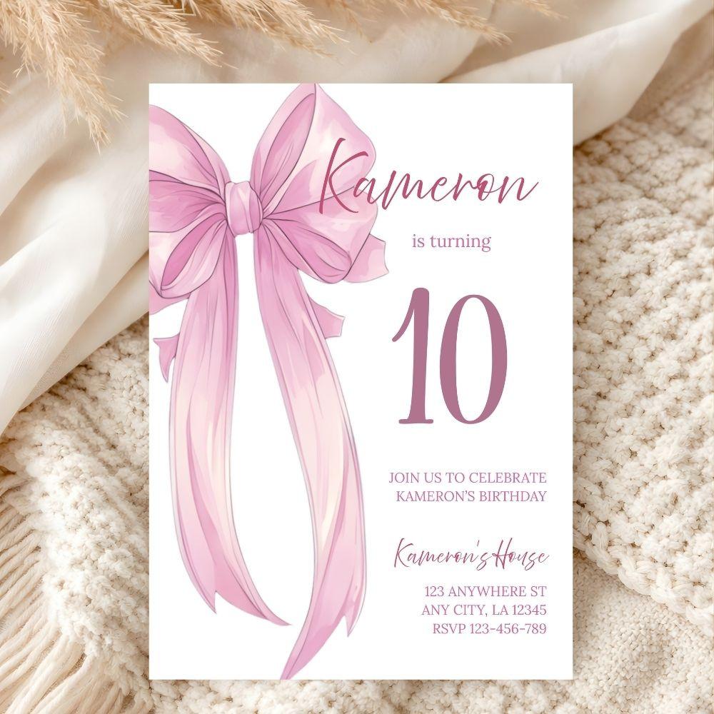 Coquette Bow Birthday Invitation | Editable Pink Party Invite | Digital Download - JBDesigns