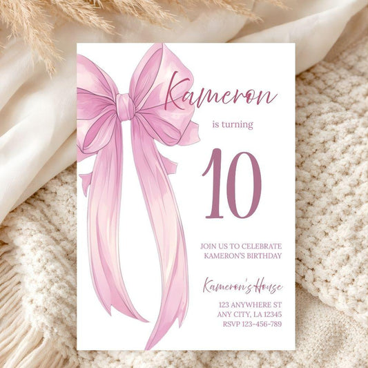 Coquette Bow Birthday Invitation | Editable Pink Party Invite | Digital Download - JBDesigns
