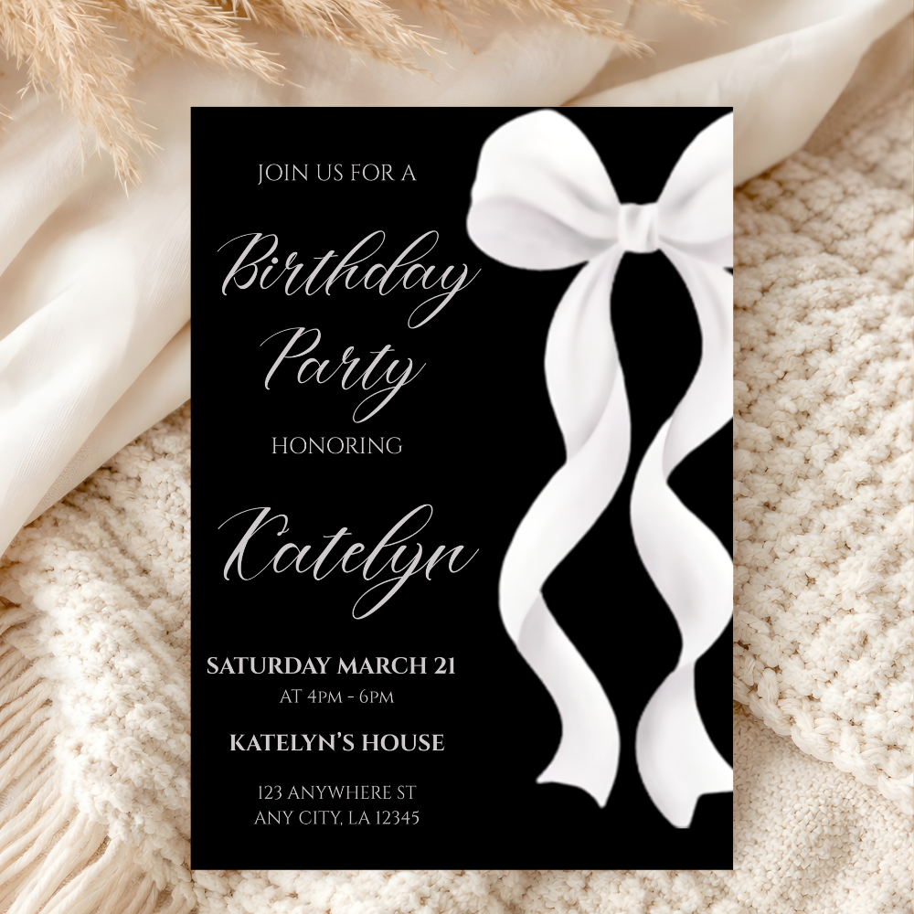 White Coquette Bow Birthday Invitation | Black Minimalist Party Invite | Editable Canva Template | Digital Download