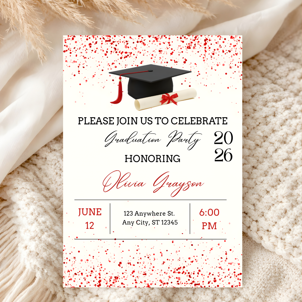 Red Graduation Party Invitation | Class of 2026 Editable Canva Template | Digital Download