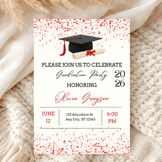 Red Graduation Party Invitation | Class of 2026 Editable Canva Template | Digital Download