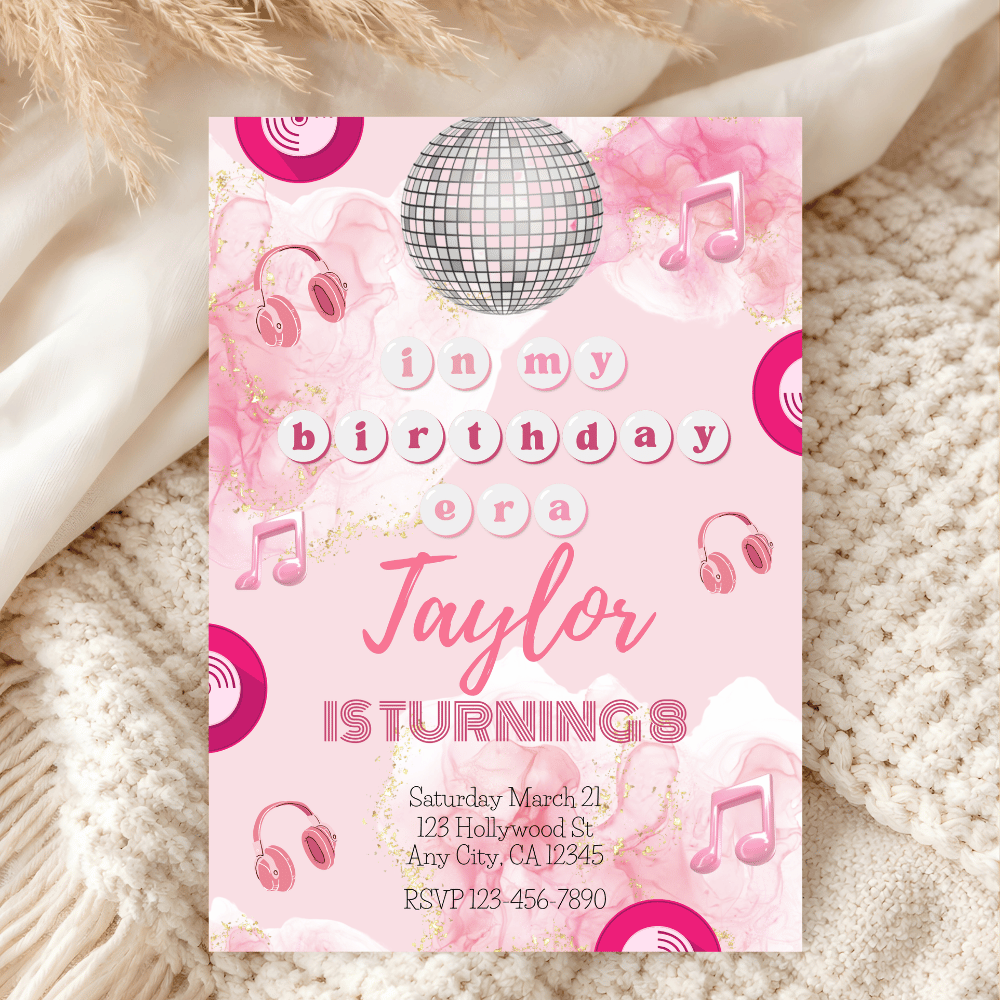 Music Inspired Birthday Invitation | Pink Disco Ball Party Invite.