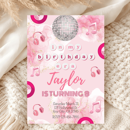 Music Inspired Birthday Invitation | Pink Disco Ball Party Invite.