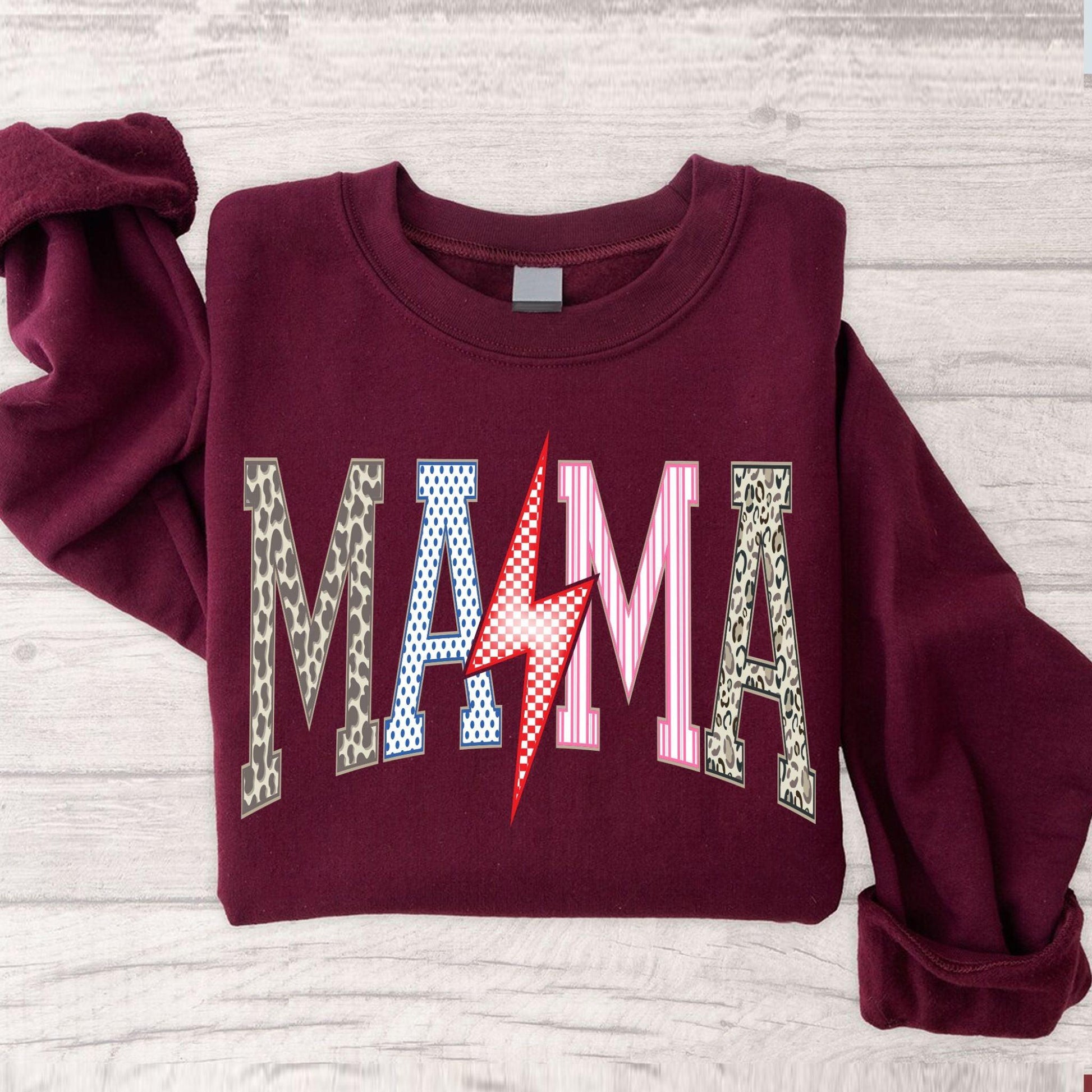 Mama SVG PNG | Lightning Bolt Mom Shirt Design | Retro Varsity Leopard Print.