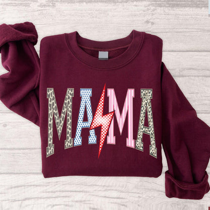 Mama SVG PNG | Lightning Bolt Mom Shirt Design | Retro Varsity Leopard Print.