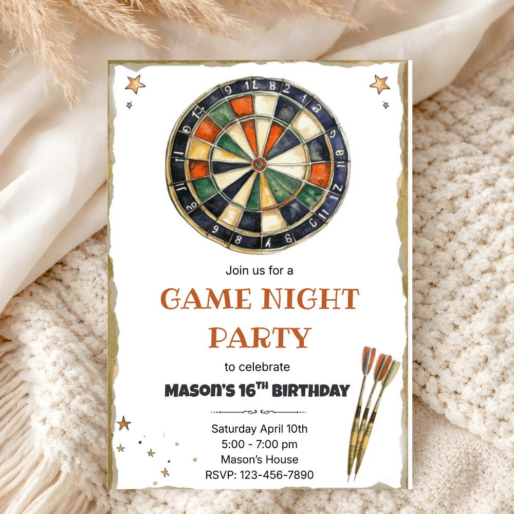 Dart Game Night Birthday Invitation | Dartboard Party Canva Template